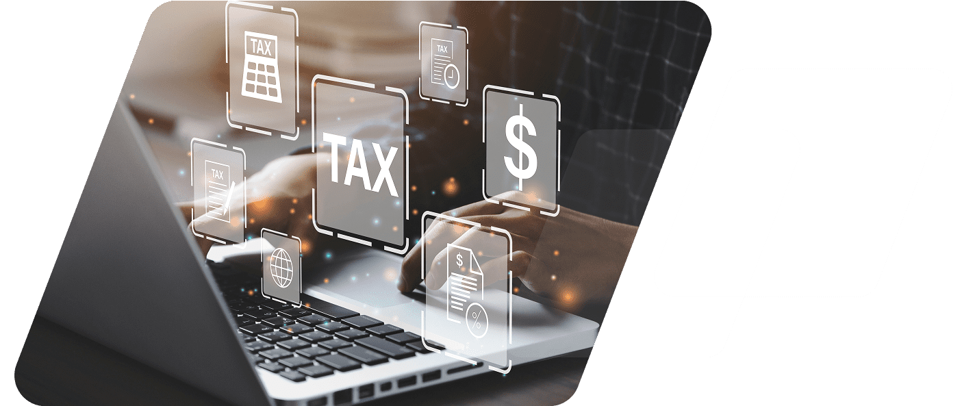 Laptop with tax and finance icons overlay.